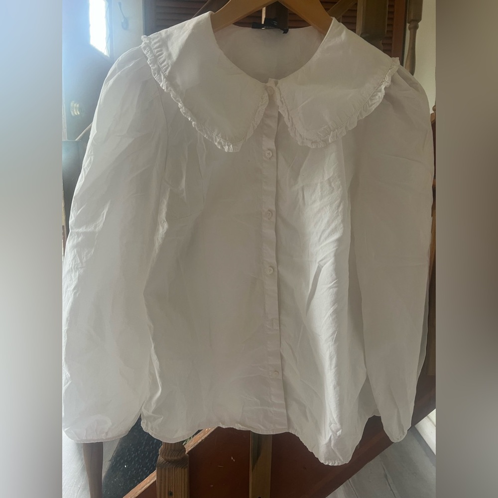 JCrew White Ruffle Peter Pan Collar Button-up Shirt 100% Cotton - Picture 3 of 4